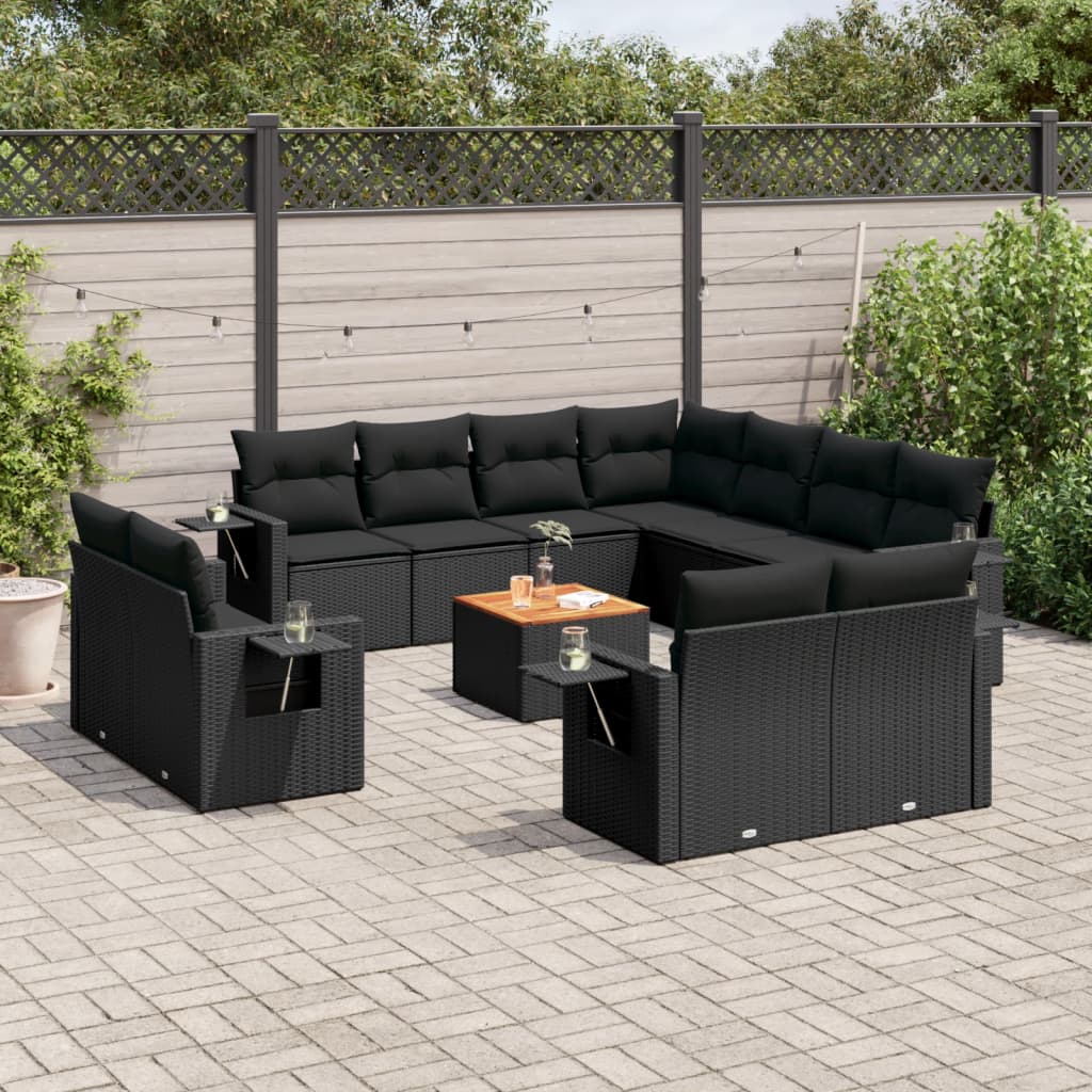 12-delige Loungeset met kussens poly rattan zwart