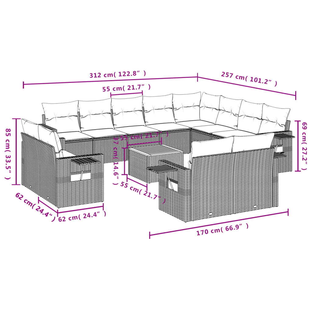 13-delige Loungeset met kussens poly rattan zwart