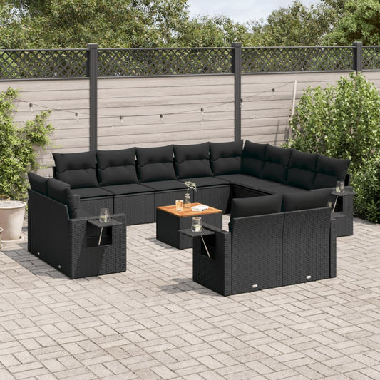 13-delige Loungeset met kussens poly rattan zwart