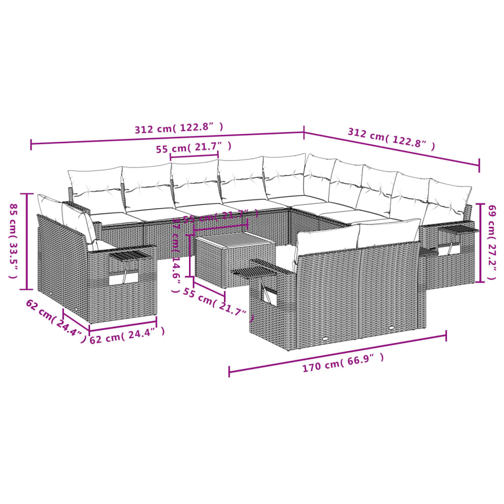 14-delige Loungeset met kussens poly rattan zwart Modulaire tuinbanken | Creëer jouw Trendy Thuis | Gratis bezorgd & Retour | Trendy.nl