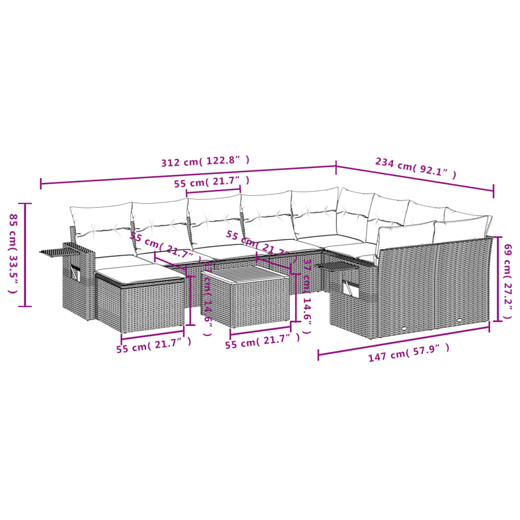 11-delige Tuinset met kussens poly rattan beige