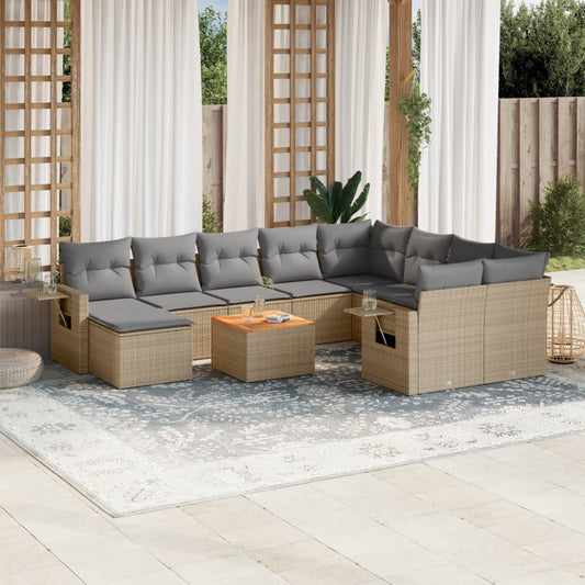 11-delige Tuinset met kussens poly rattan beige