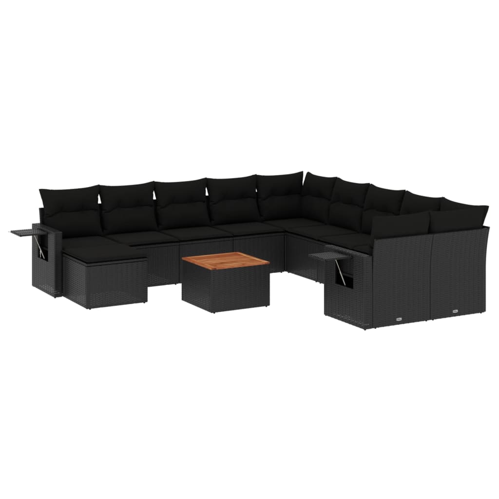 12-delige Loungeset met kussens poly rattan zwart