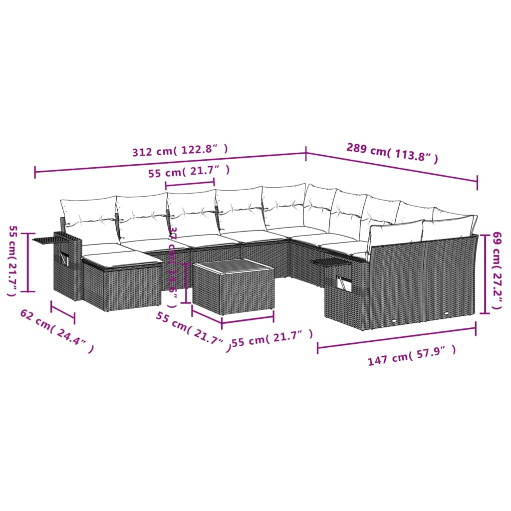 12-delige Loungeset met kussens poly rattan zwart