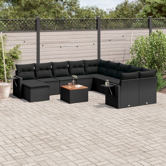 12-delige Loungeset met kussens poly rattan zwart