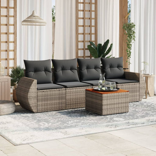 5-delige Loungeset met kussens poly rattan grijs