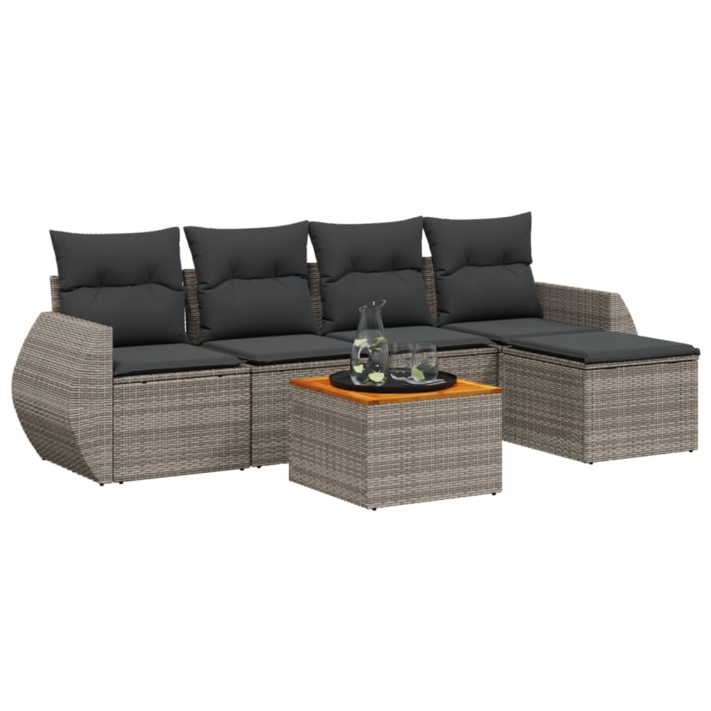 6-delige Loungeset met kussens poly rattan grijs