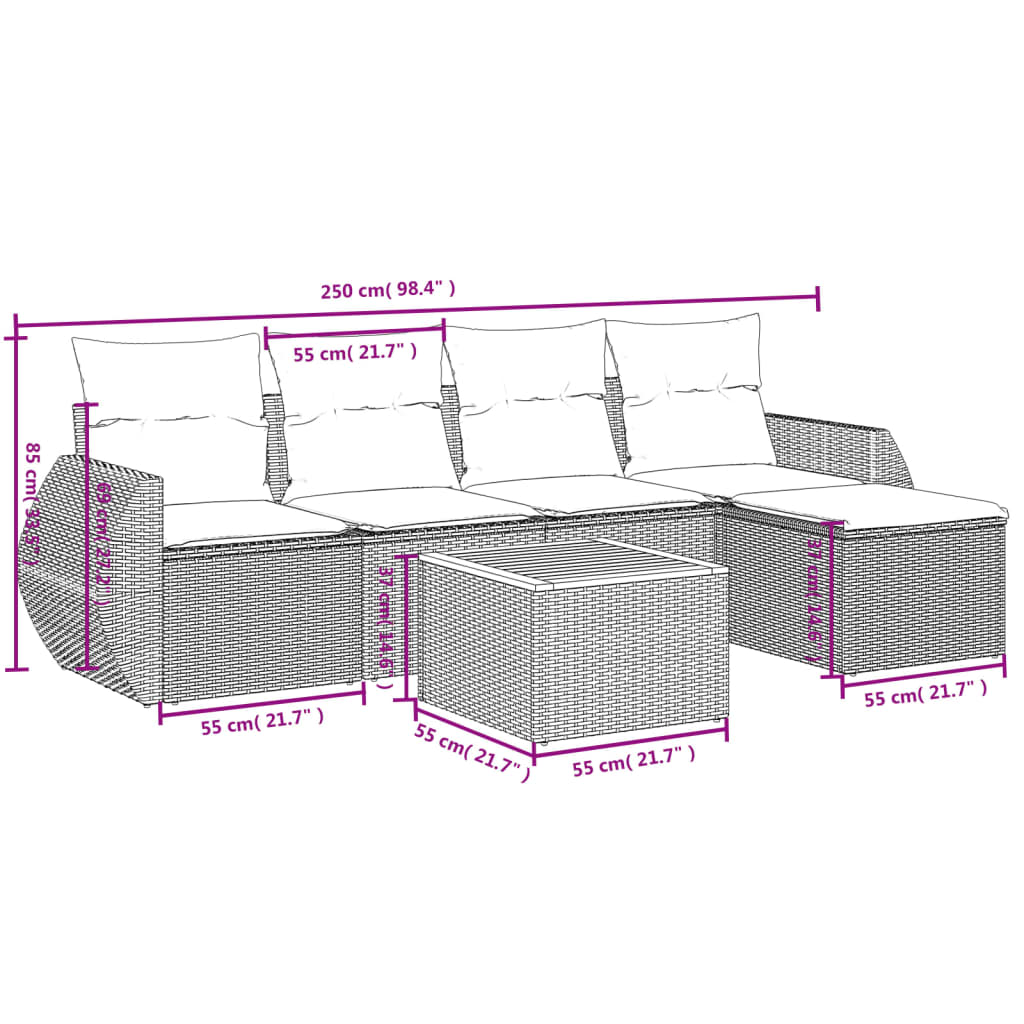 6-delige Loungeset met kussens poly rattan grijs