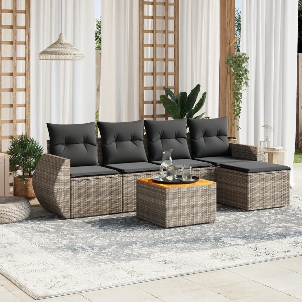 6-delige Loungeset met kussens poly rattan grijs