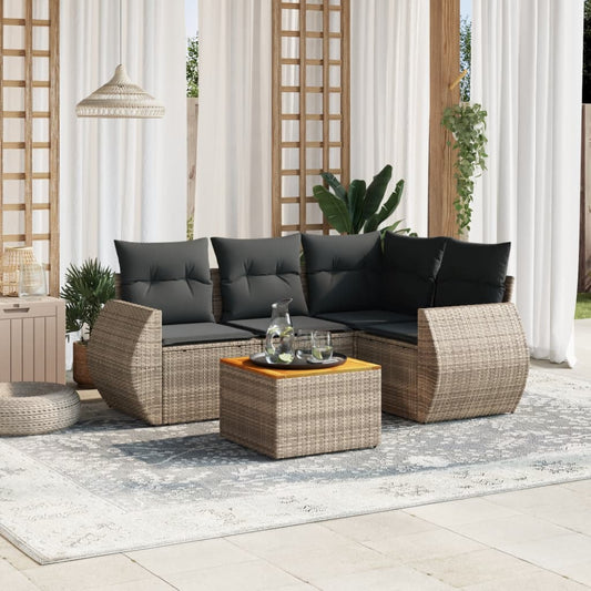 5-delige Loungeset met kussens poly rattan grijs