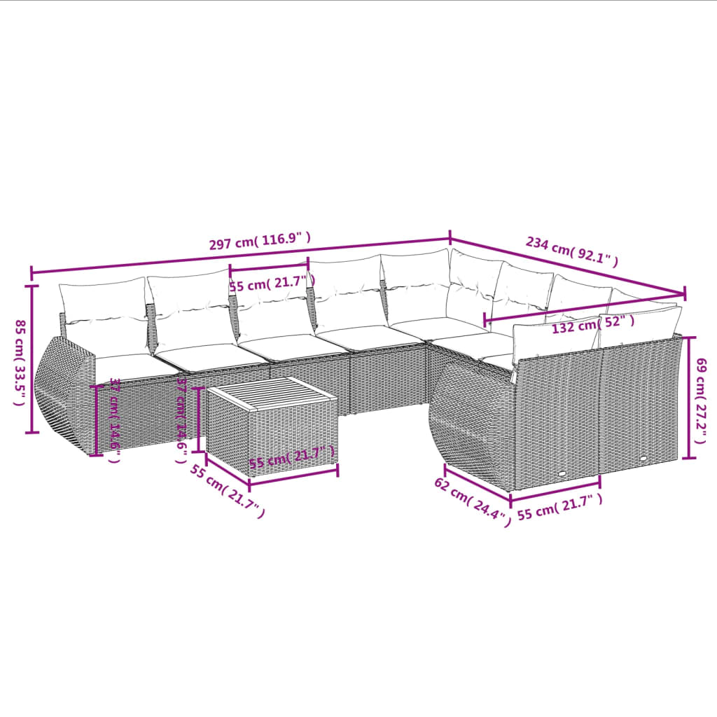 10-delige Loungeset met kussens poly rattan zwart Tuinsets | Creëer jouw Trendy Thuis | Gratis bezorgd & Retour | Trendy.nl