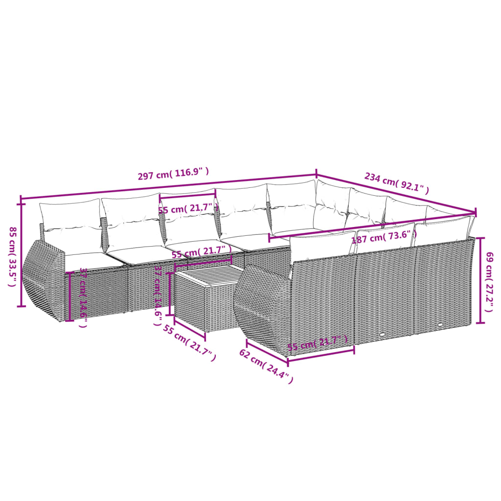 11-delige Tuinset met kussens poly rattan beige