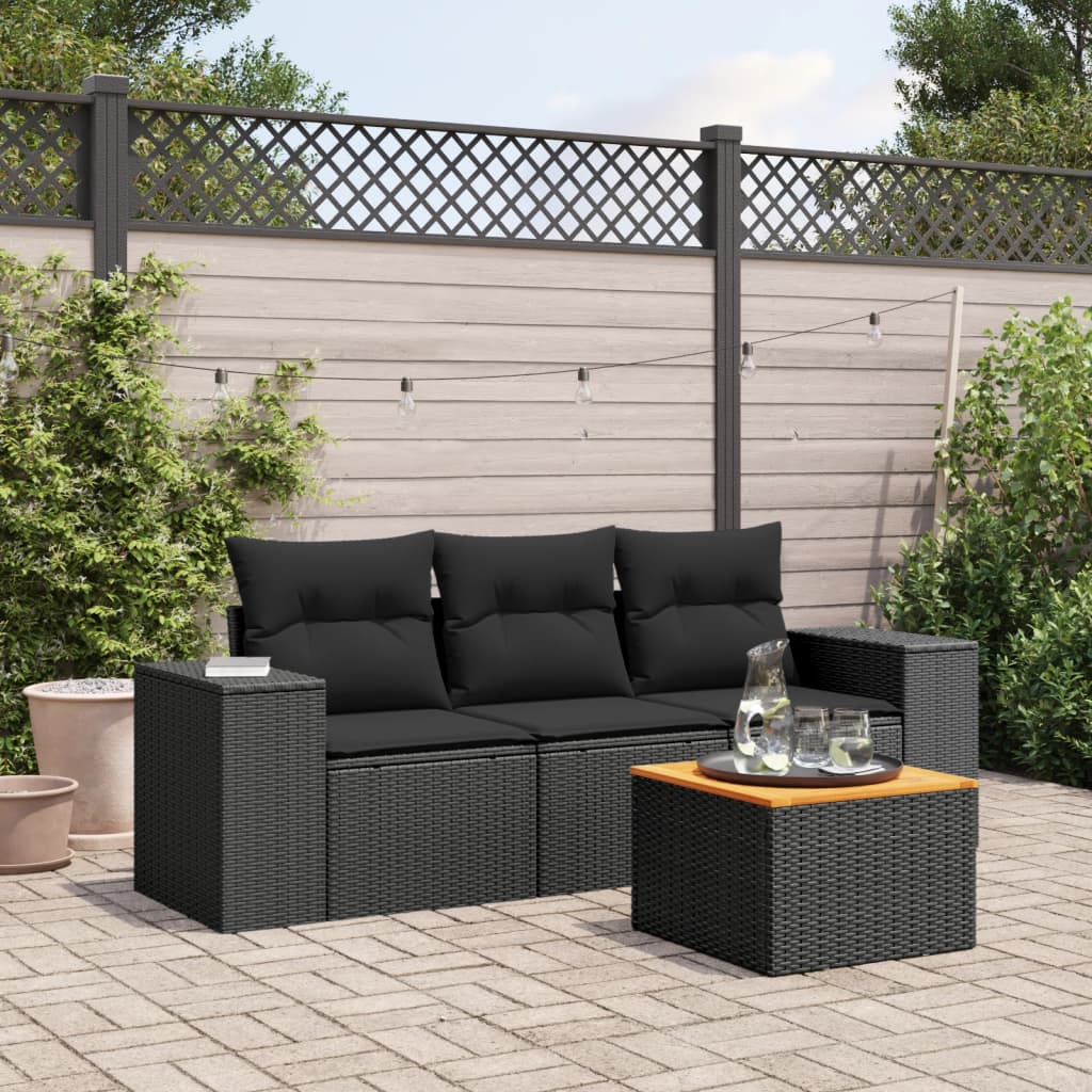 4-delige Loungeset met kussens poly rattan zwart