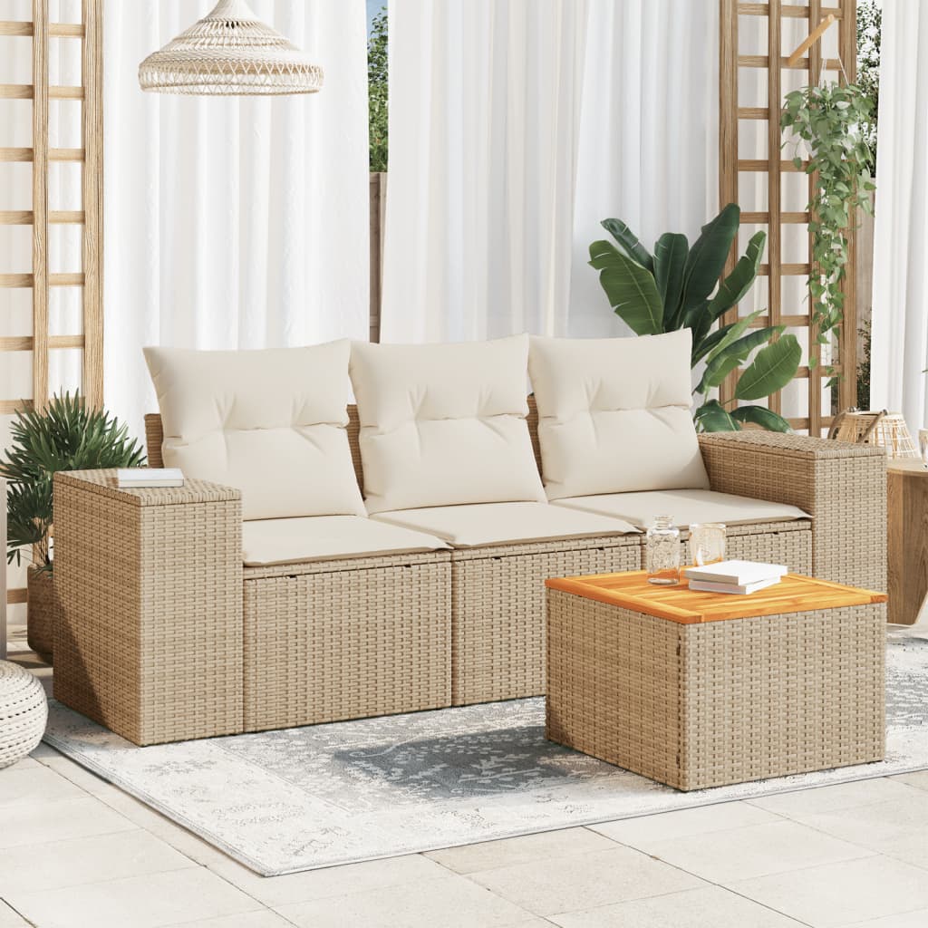 4-delige Loungeset met kussens poly rattan beige