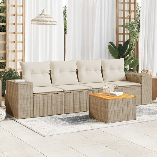 5-delige Loungeset met kussens poly rattan beige