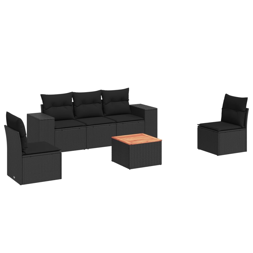 6-delige Loungeset met kussens poly rattan zwart