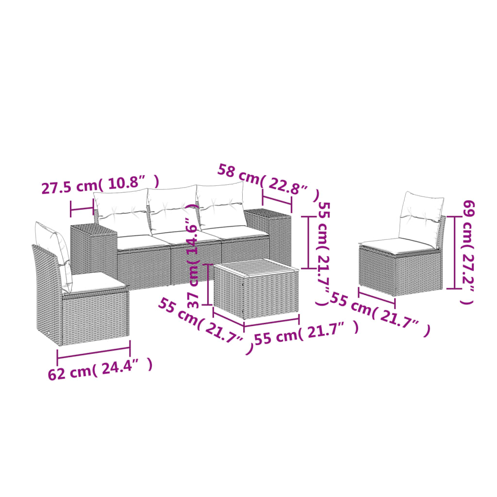 6-delige Loungeset met kussens poly rattan zwart