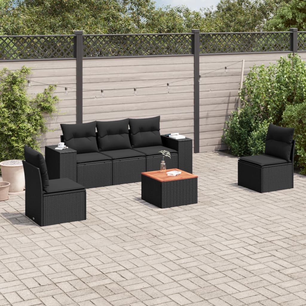 6-delige Loungeset met kussens poly rattan zwart