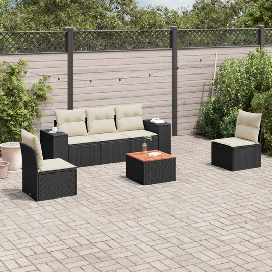 6-delige Loungeset met kussens poly rattan zwart