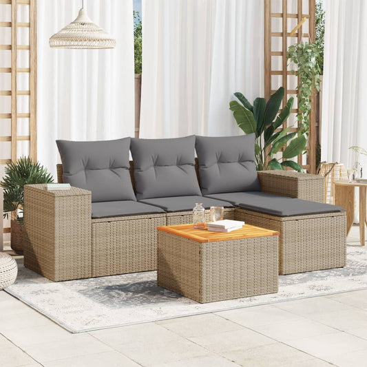 5-delige Loungeset met kussens poly rattan beige