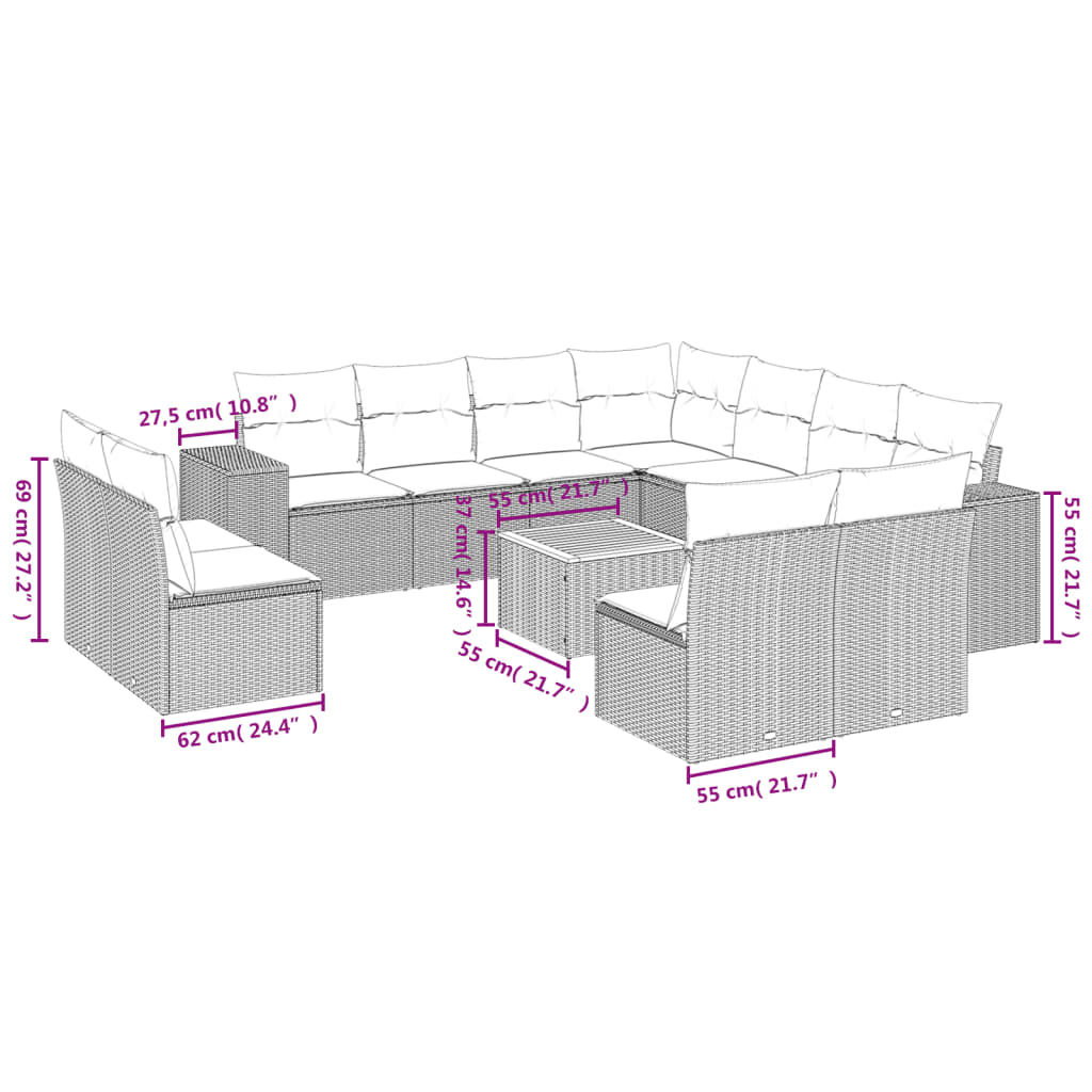 12-delige Loungeset met kussens poly rattan zwart