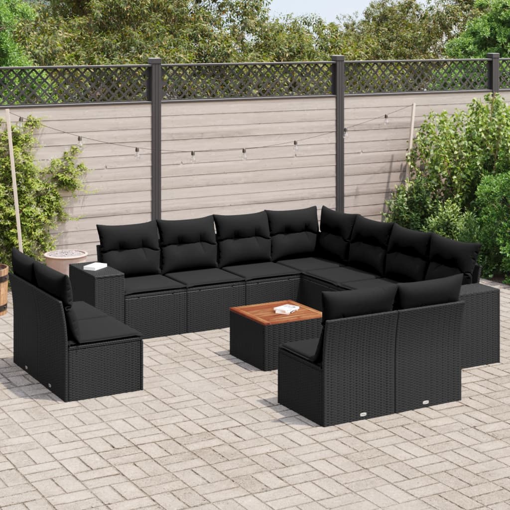 12-delige Loungeset met kussens poly rattan zwart