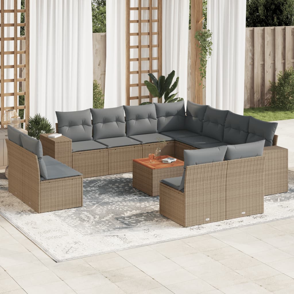 12-delige Loungeset met kussens poly rattan beige