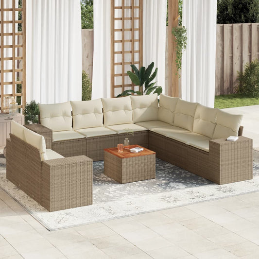 10-delige Loungeset met kussens poly rattan beige