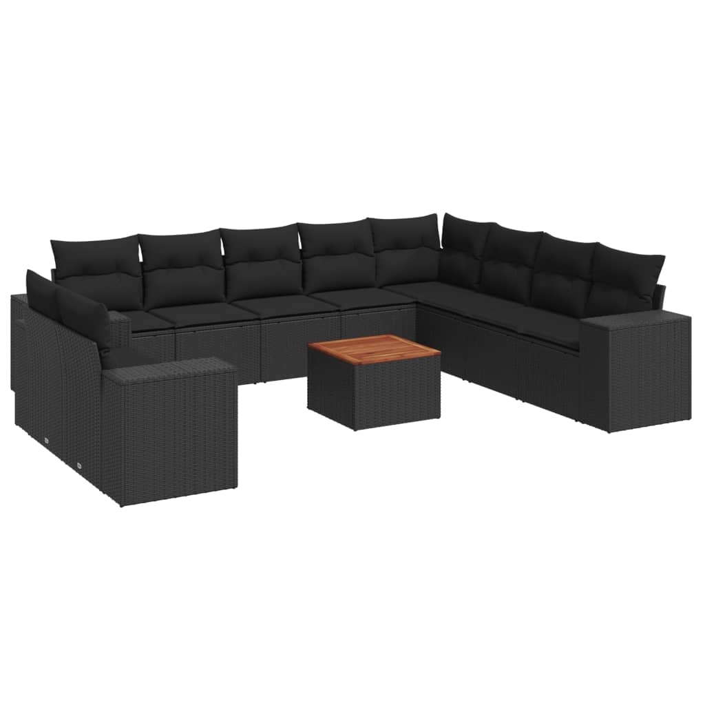 11-delige Loungeset met kussens poly rattan zwart