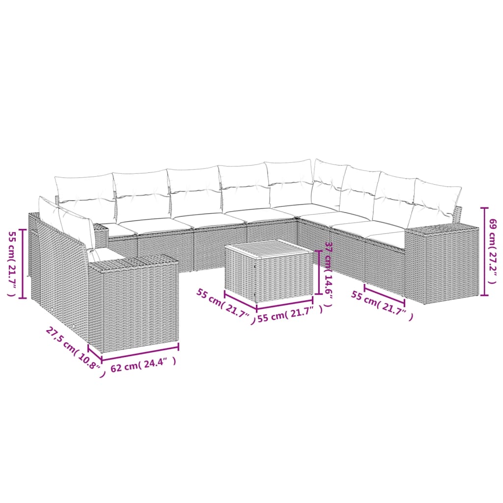 11-delige Loungeset met kussens poly rattan zwart