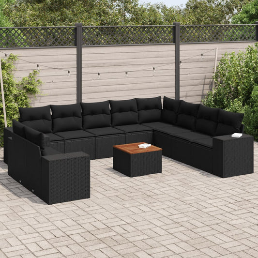 11-delige Loungeset met kussens poly rattan zwart