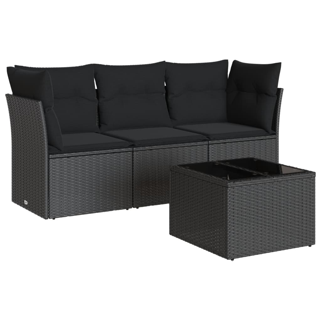 4-delige Loungeset met kussens poly rattan zwart