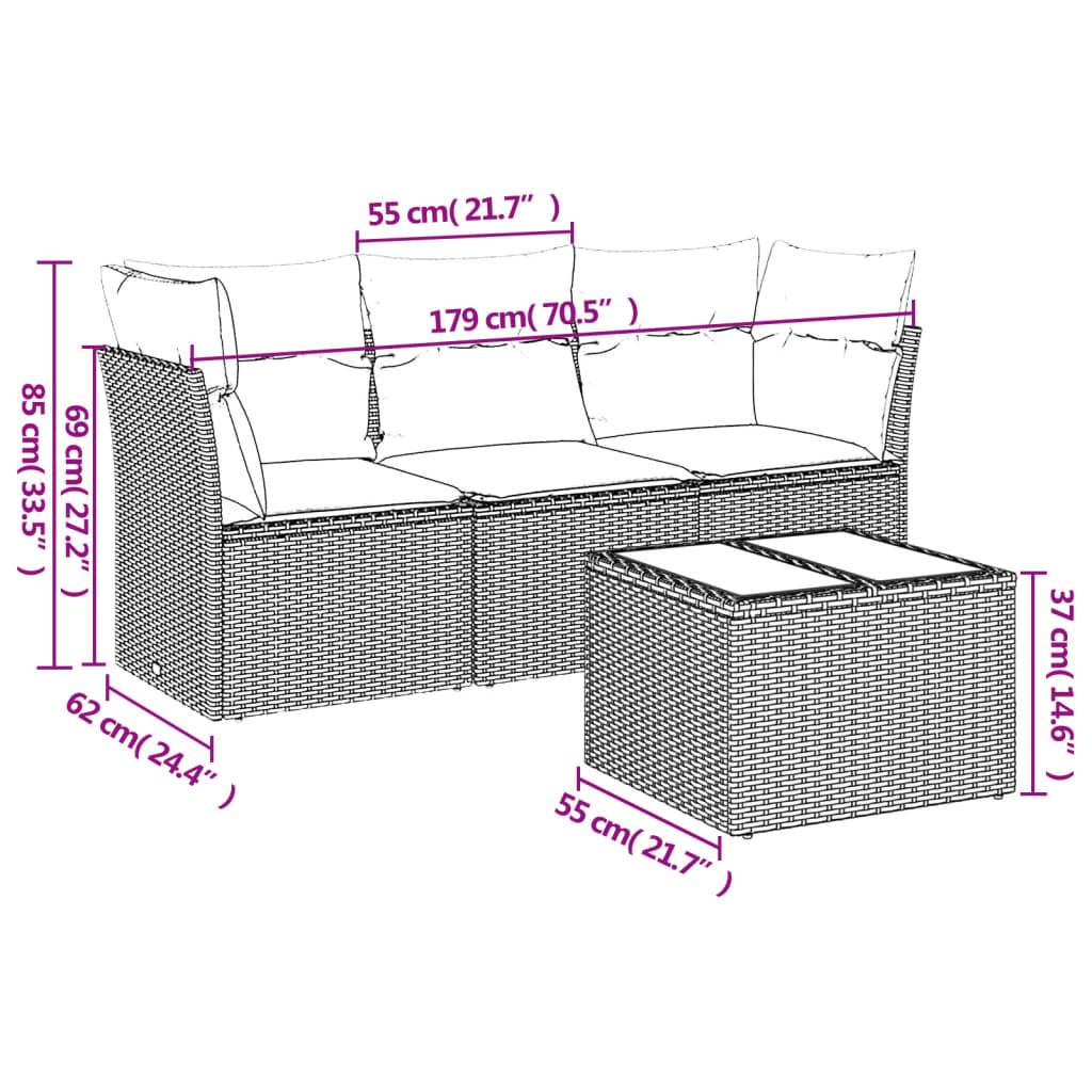 4-delige Loungeset met kussens poly rattan zwart