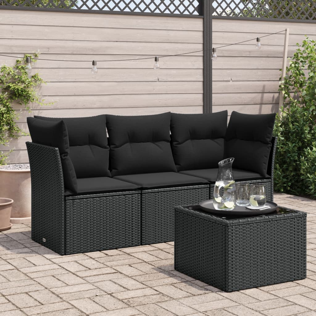 4-delige Loungeset met kussens poly rattan zwart