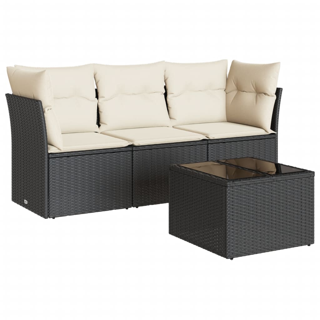 4-delige Loungeset met kussens poly rattan zwart