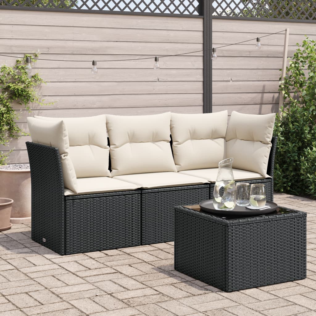 4-delige Loungeset met kussens poly rattan zwart