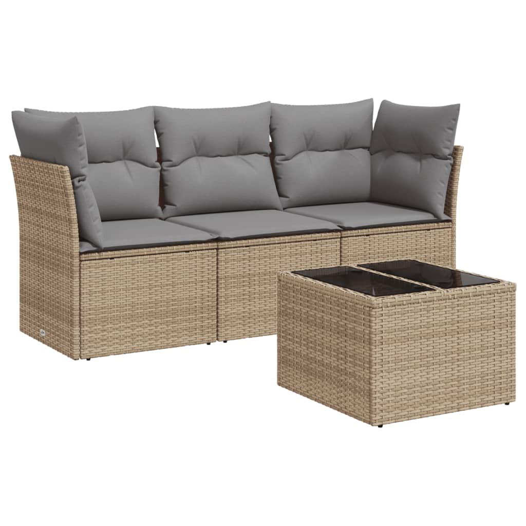 4-delige Loungeset met kussens poly rattan beige