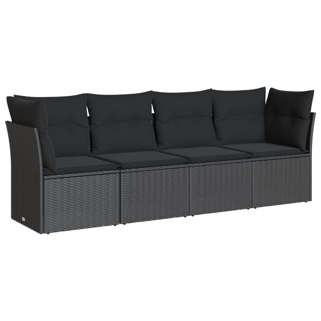 4-delige Loungeset met kussens poly rattan zwart