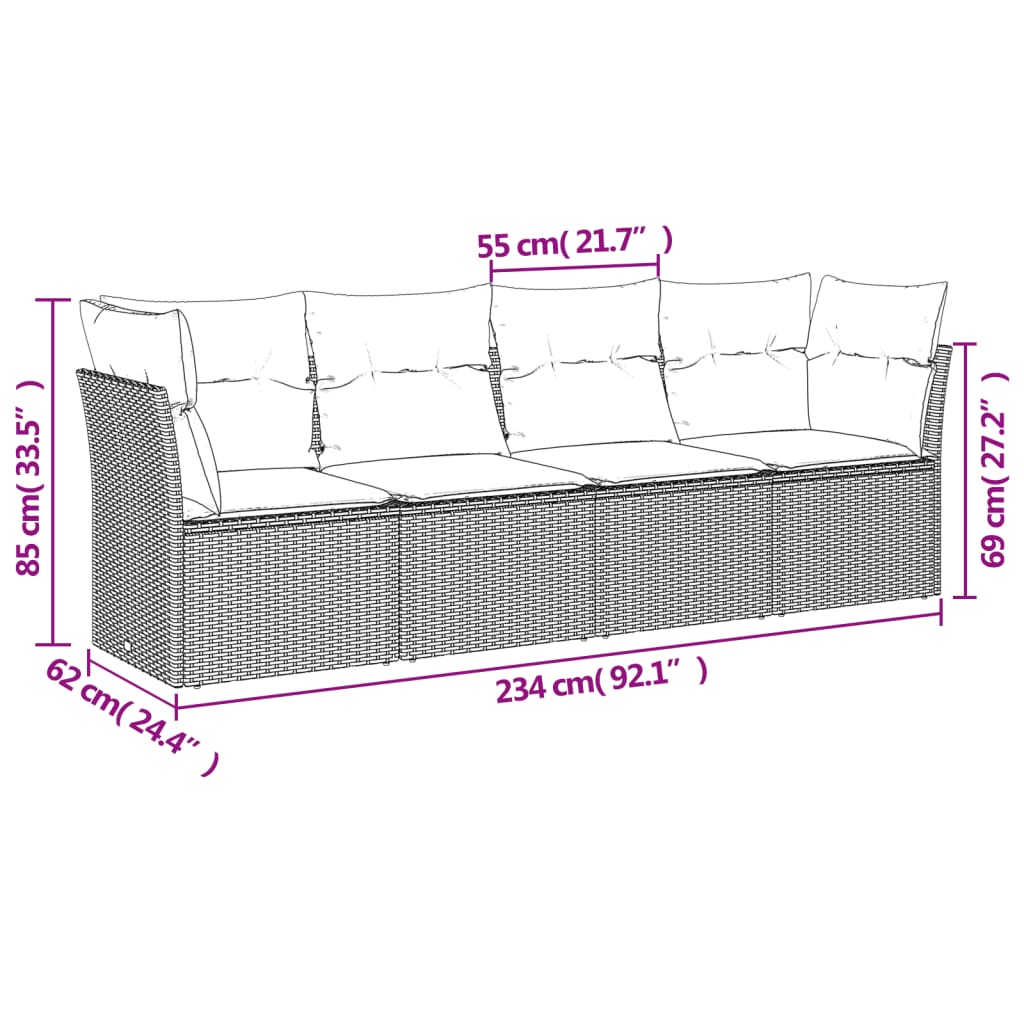 4-delige Loungeset met kussens poly rattan zwart