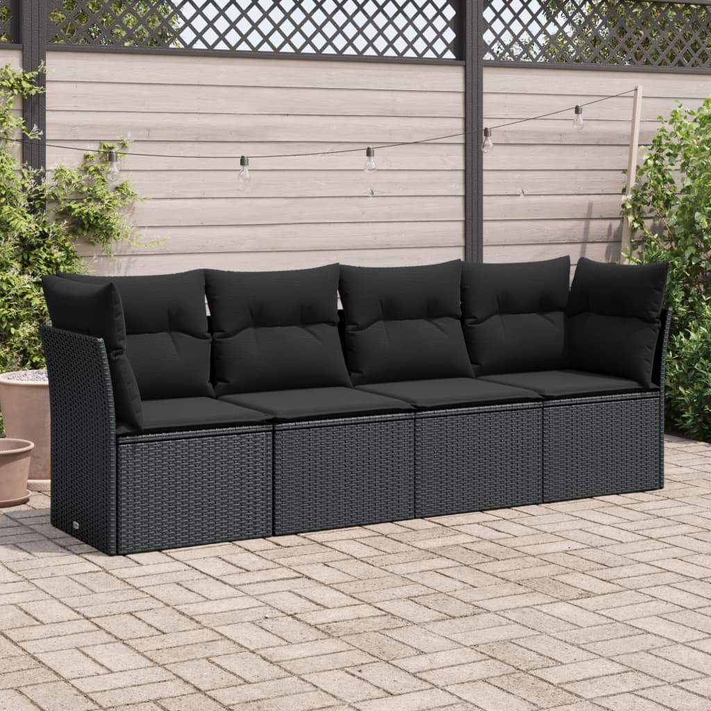 4-delige Loungeset met kussens poly rattan zwart