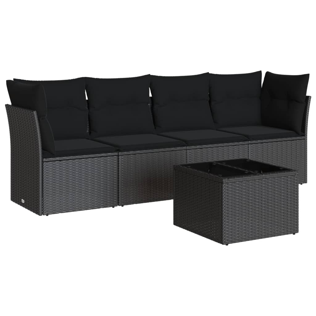 5-delige Loungeset met kussens poly rattan zwart