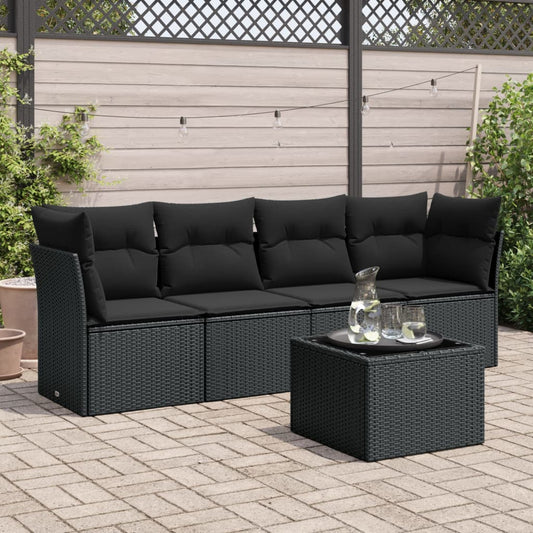 5-delige Loungeset met kussens poly rattan zwart