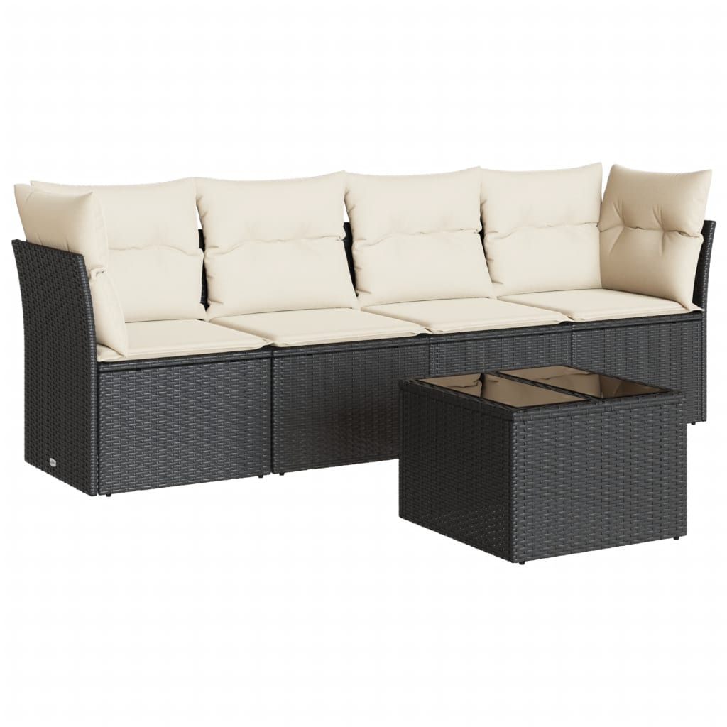 5-delige Loungeset met kussens poly rattan zwart