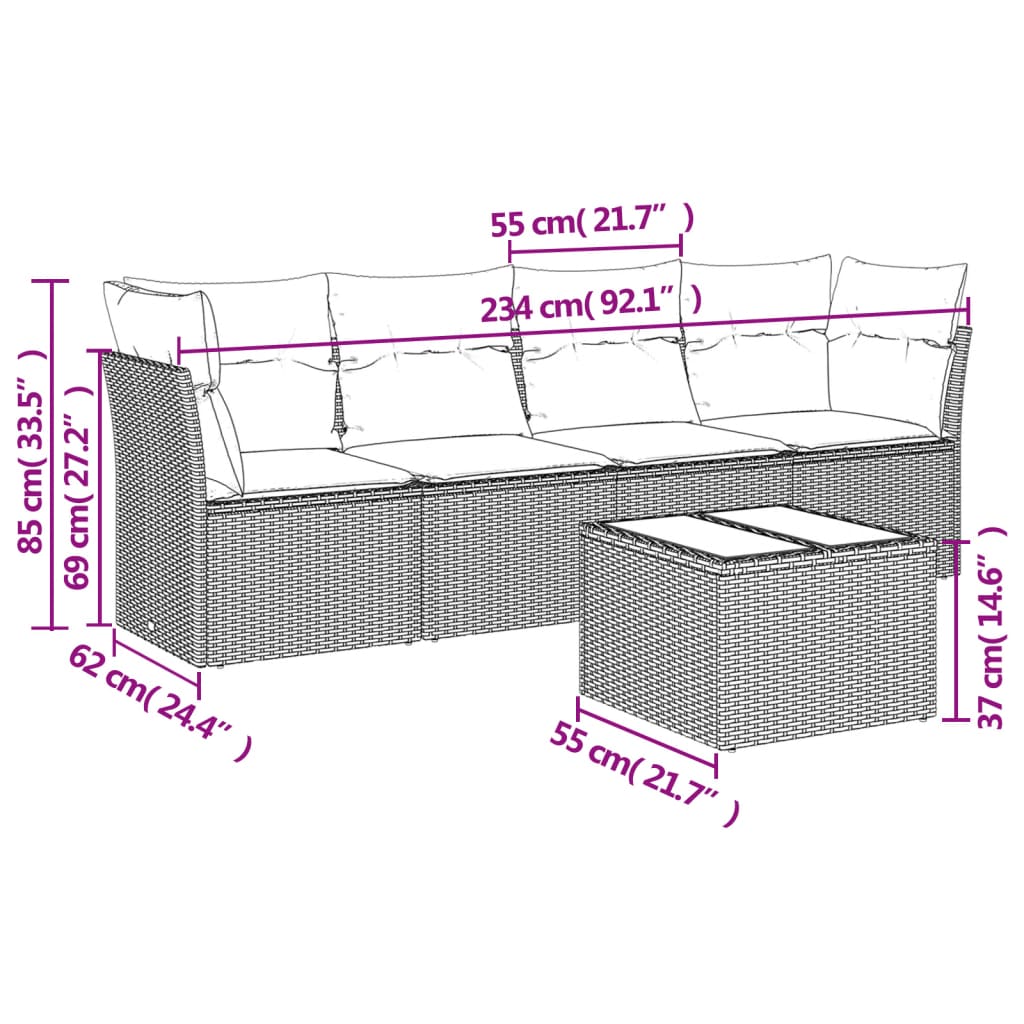 5-delige Loungeset met kussens poly rattan zwart