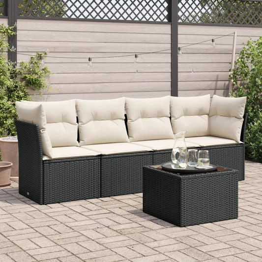 5-delige Loungeset met kussens poly rattan zwart