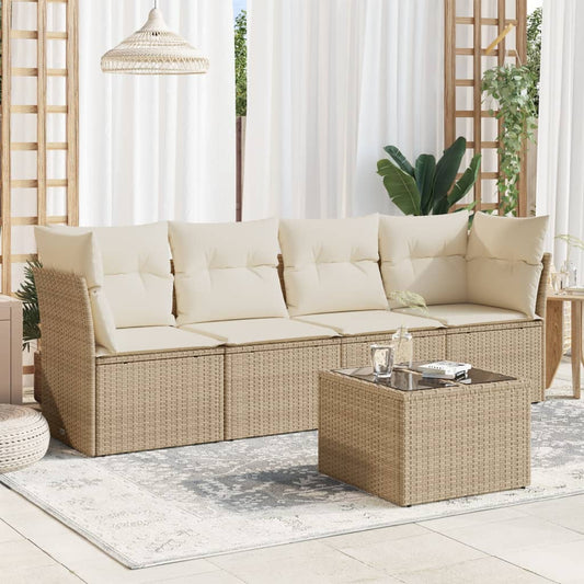 5-delige Loungeset met kussens poly rattan beige