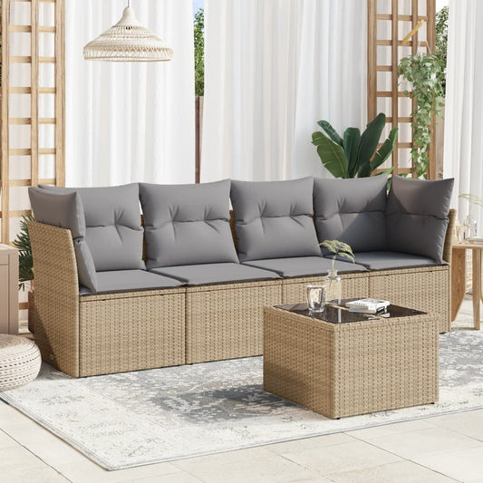 5-delige Loungeset met kussens poly rattan beige