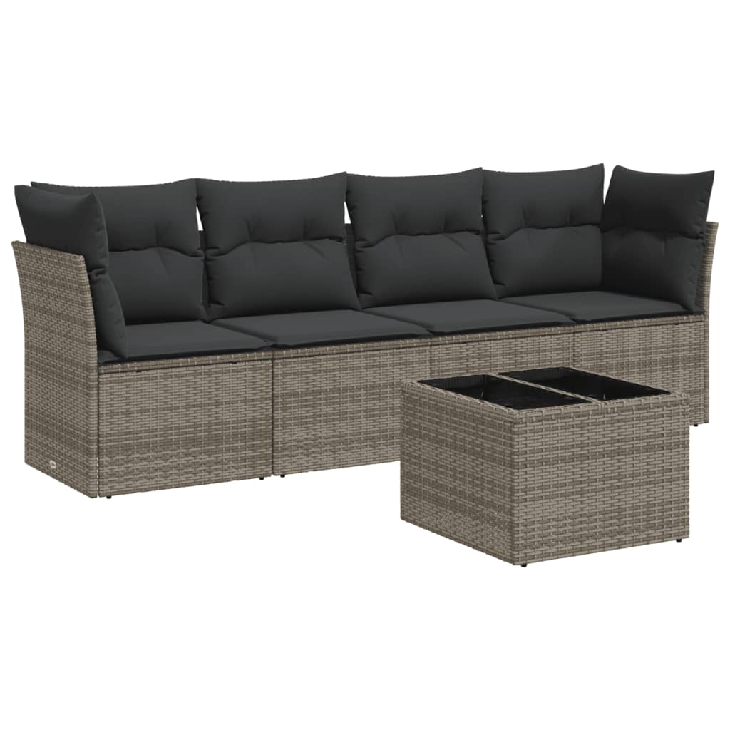 5-delige Loungeset met kussens poly rattan grijs