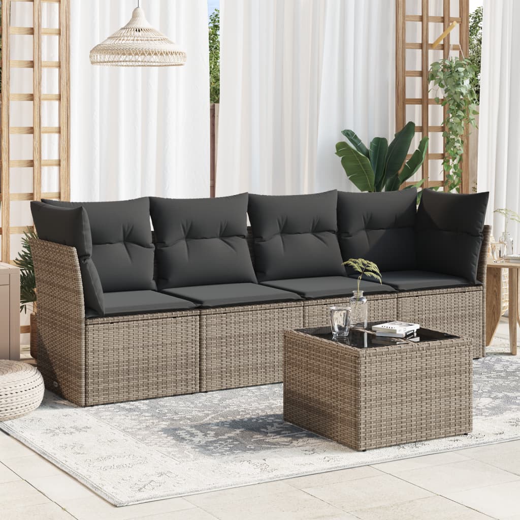 5-delige Loungeset met kussens poly rattan grijs