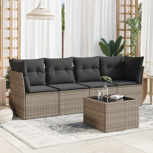 5-delige Loungeset met kussens poly rattan grijs